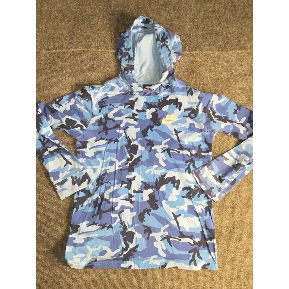 Nike‎ Hoodie Boys  XL Blue Camo Print Soft Knit Raglan Sleeve Embroidered Logo